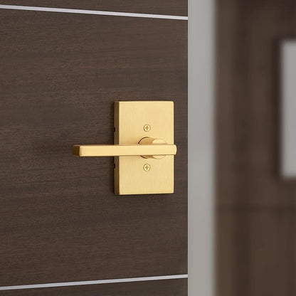 Kwikset Halifax Dummy Door Handle, Single Sided Lever for Closets, French Double Doors, and Pantry, Satin Brass Rectangle Non-Turning Reversible Interior Push/Pull Lever, with Microban Protection