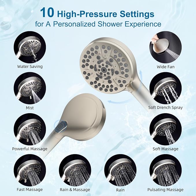 Hibbent Metal 12" High Pressure Rain Shower Head Combo, Brushed Nickel | cUPC Certified Rainfall Shower Head with handheld 10 Sprays, 16'' Adjustable Extension Arm, 71'' Hose, Showerhead Holder