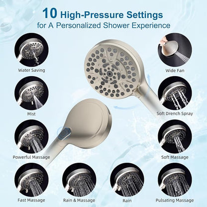 Hibbent Metal 12" High Pressure Rain Shower Head Combo, Brushed Nickel | cUPC Certified Rainfall Shower Head with handheld 10 Sprays, 16'' Adjustable Extension Arm, 71'' Hose, Showerhead Holder