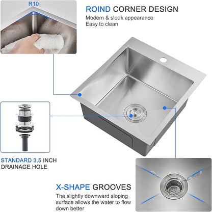15"x17" Drop-In Single Bowl Bar Sink 304 Stainless Steel | 15"x17" Drop-in Sink | 304 SS | Topmount | Single Bowl | Single Faucet Hole | 8" Deep Basin | Brushed | Bar/Coffee Station