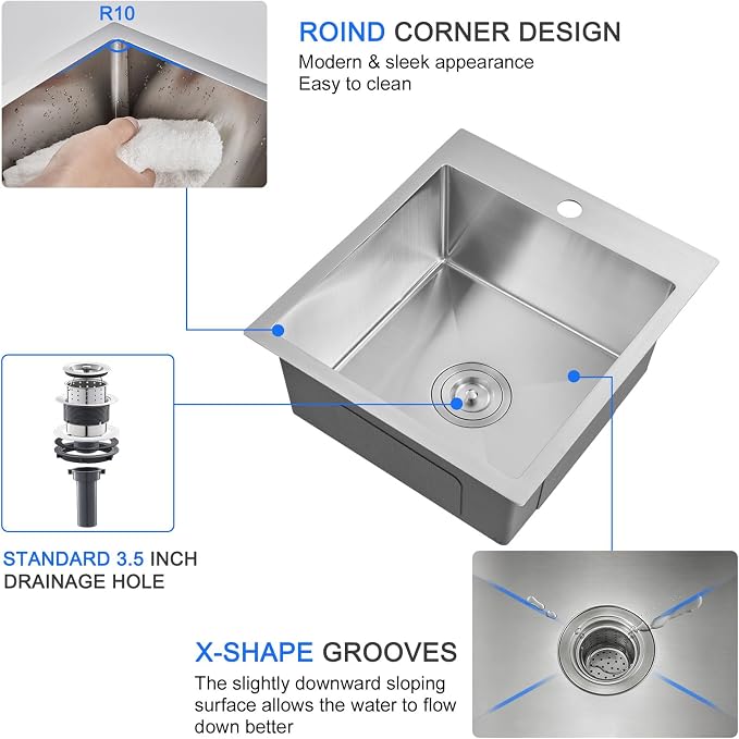 18"x18" Drop-In Single Bowl Sink 304 Stainless Steel 1-Hole | 18 inch Drop-in Kitchen Sink | 304 SS Brushed | 1-hole | 9" Deep Basin | Single Bowl | Small Kitchen/Prep