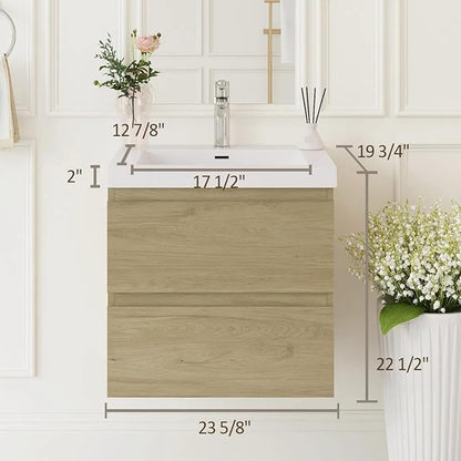 Floating Bathroom Vanity with Sink, 24" Wall-Mounted Bathroom Storage Cabinet with Resin Countertop & 2 Soft Close Drawers, Modern Stylish Vanity with Open Back Design, Easy to Clean, Oak