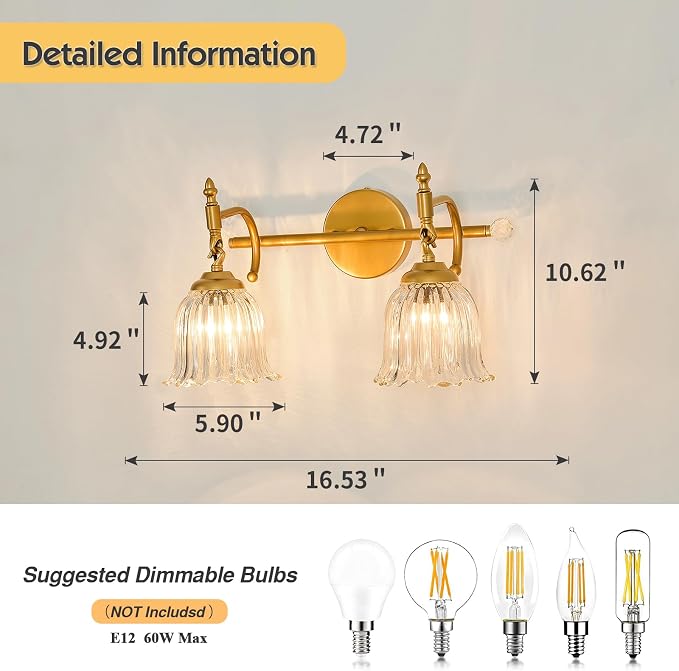 CVKASH 2-Light Bathroom Vanity Light Fixtures Over Mirror,Brushed Gold Modern Vanity Light with Glass Shade Vintage Wall Sconce for Bedroom Dressing Room Living Room Hallway Cabinet