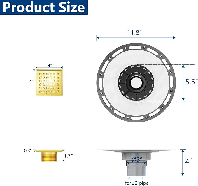 Neodrain 4" Gold Square Shower Drain, with Removable Grate/Drain Key | 304 Stainless Steel Floor Drain , PVC Bonding Flange Base with Anti-Wicking Fabric, For Low Profile Shower Pan