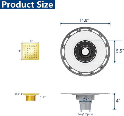 Neodrain 4" Gold Square Shower Drain, with Removable Grate/Drain Key | 304 Stainless Steel Floor Drain , PVC Bonding Flange Base with Anti-Wicking Fabric, For Low Profile Shower Pan