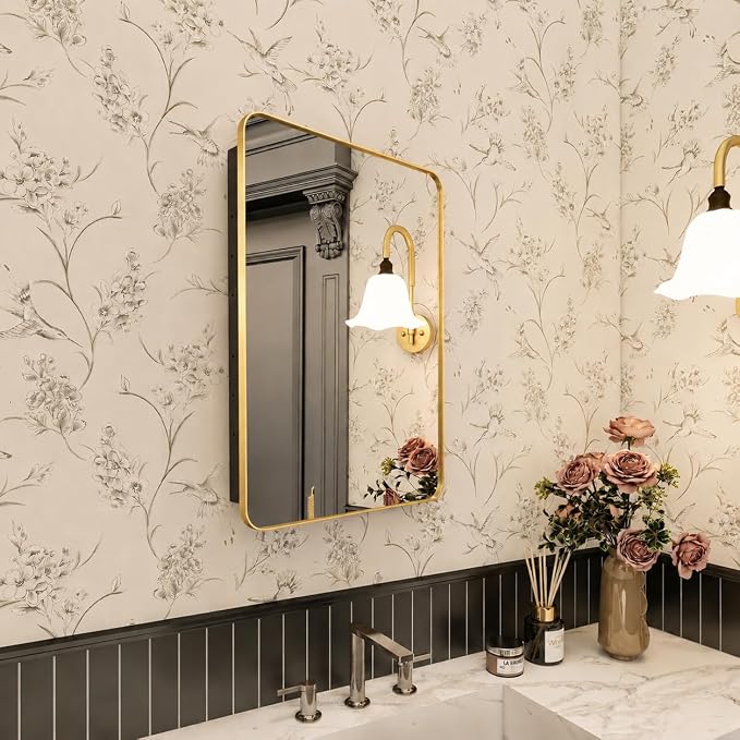 16x24 in Brushed Gold Medicine Cabinet with Mirror for Bathroom | Fully Assembled; Recessed or Surface Wall Mount; Metal Cabinet with Tempered Glass Mirror and Two Adjustable Glass Shelves