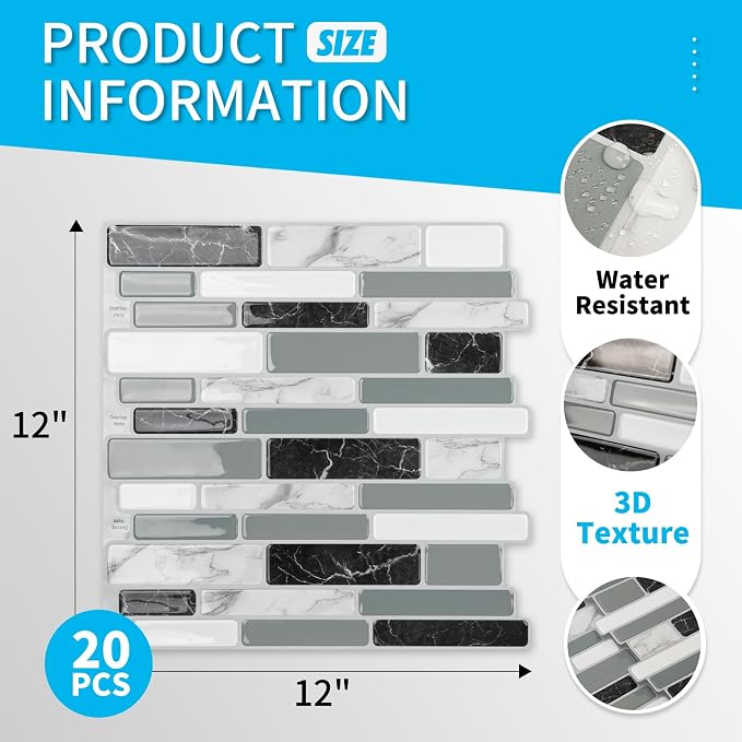 Art3d 12 x 12 Inch Vinyl Peel and Stick Backsplash, 20-Pack, Marble Grey | Waterproof, Lightweight, Self Adhesive, Easy to Install, No Residue, for Kitchen & Bedroom Decor, Ideal for Recently Moved