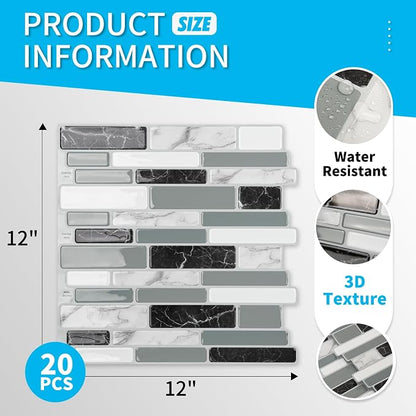 Art3d 12 x 12 Inch Vinyl Peel and Stick Backsplash, 20-Pack, Marble Grey | Waterproof, Lightweight, Self Adhesive, Easy to Install, No Residue, for Kitchen & Bedroom Decor, Ideal for Recently Moved