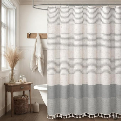 Grey Farmhouse Linen Striped Shower Curtain with Tassel 72"W X 72"L | Boho Farmhouse Shower Curtains with Linen Texture for Bathroom Decor