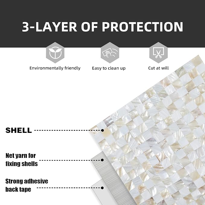 Peel and Stick Mother of Pearl Shell Backsplash Tiles, White & Natural | Waterproof self-adhesive mosaic tiles with 10 sq ft coverage for kitchen backsplash, bathroom walls and easy DIY installation