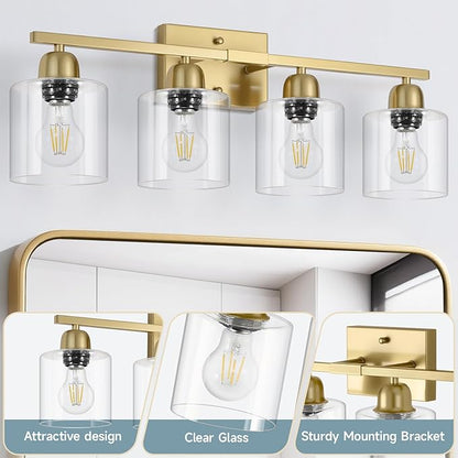 Modern Brushed Gold 4 Light Bathroom Light Fixtures, 24 inch Vanity Lights for Bathroom with Clear Glass, Bathroom Vanity Light for Mirror Kitchen Living Room Hallway Cabinet Porch