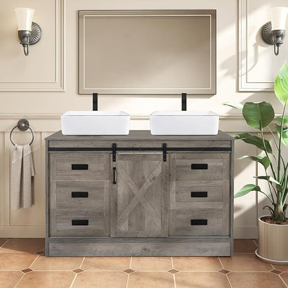 48" Barn Door Bathroom Vanity with 6 Drawers, Farmhouse Style Standing Pedestal Cabinet with Two White Ceramic Sinks