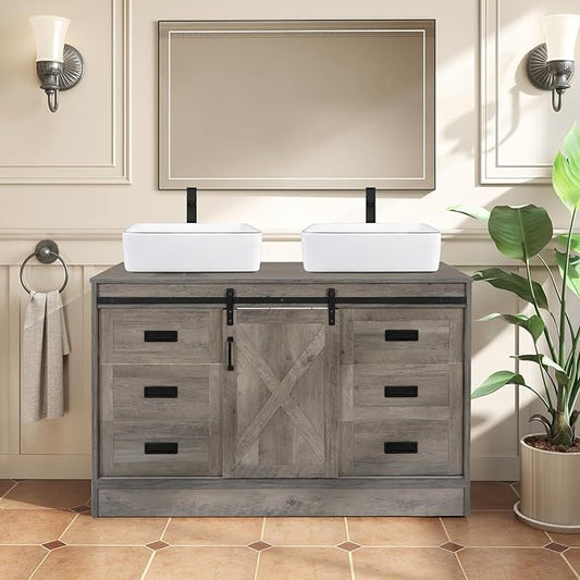 48" Barn Door Bathroom Vanity with 6 Drawers, Farmhouse Style Standing Pedestal Cabinet with Two White Ceramic Sinks
