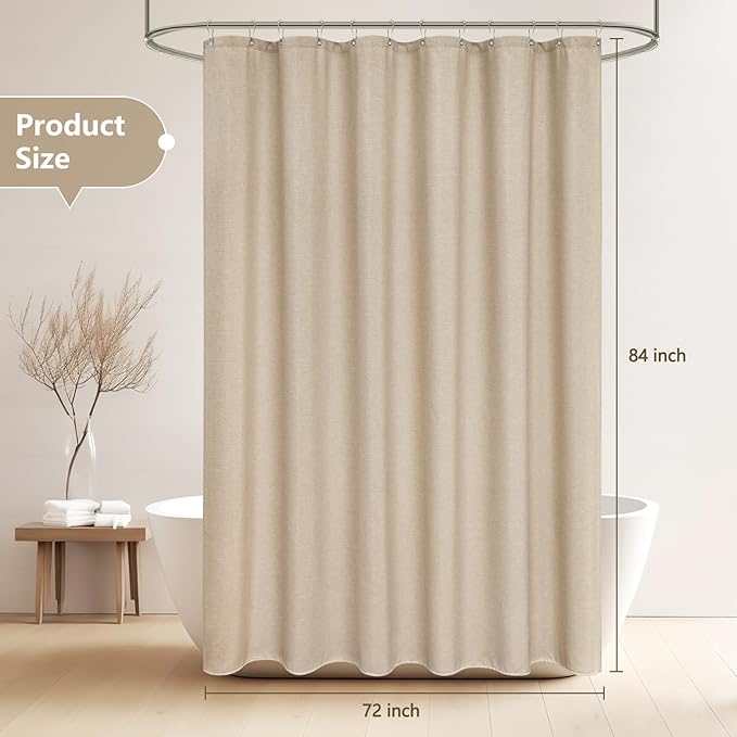 Faux Linen Textured Tan Shower Curtain Extra Long 72 x 84 Inch, Heavyweight Fabric Shower Curtain Tall Water-Resistant, Rustic Farmhouse Natural Beige Brown Bathroom Curtain Wrinkle-Free