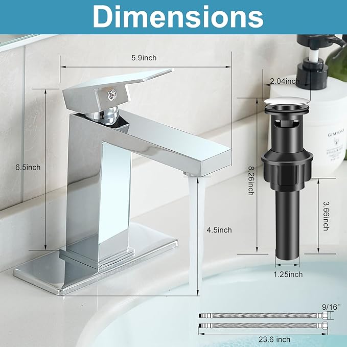 Chrome Bathroom Faucet Single Handle Single Hole Bathroom Sink Faucet with Pop-Up Drain and Deck, for Basin Mixer Tap RV Sink Farmhouse