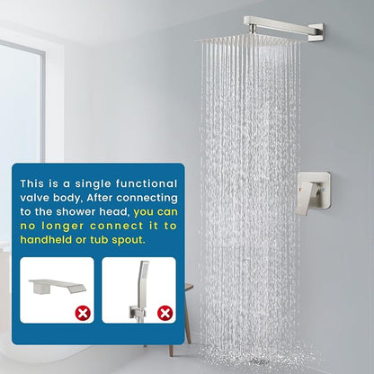 Brushed Nickel Shower Faucet Set, 10 Inch Rain Shower System with Valve | Complete Rain Shower Set with Valve, Single Handle Wall Mount Design
