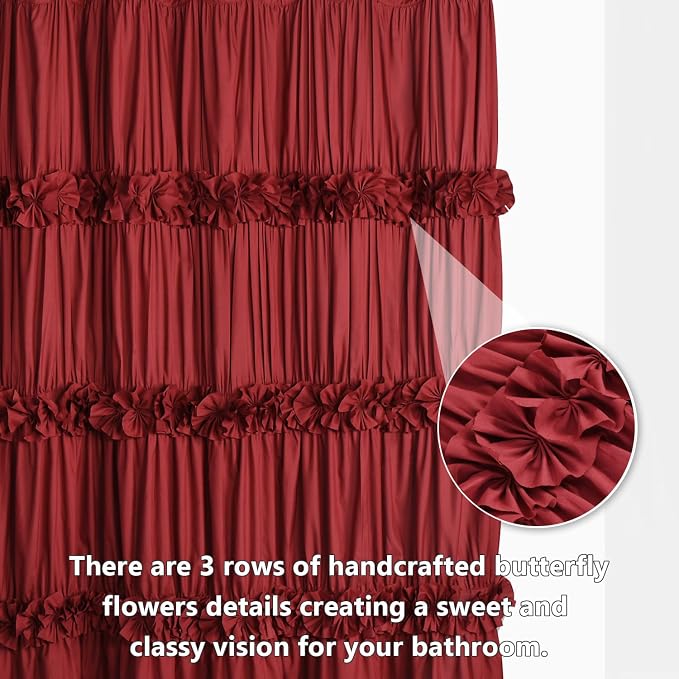 Homechoice Decor Burgundy Ruffle Shower Curtain, Vintage Handcrafted Bow Tie Bath Curtain for Master Bathroom, Ruched Microfiber Bathroom Curtain with 12 Buttonholes, 72" W x 72" H (LQ-10)