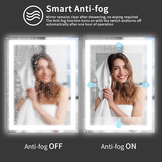 Koonmi 60x36 LED Bathroom Mirror, Shatterproof Mirror with Light | 90CRI Vanity Mirror with Anti-fog Backlit + Front Lit, 3 Color, Easy Install for Bathroom Hotel (IP65)