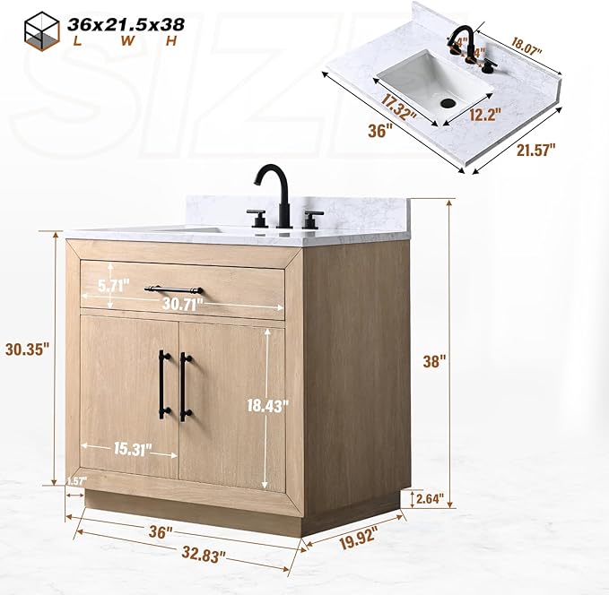 Vanity Art 36 inch Bathroom Vanity with Sink, Vanity Cabinet with Doors and Removable Shelf, Modern Wood Cabinet with White Marble Top, Solid Wood Frame, Ceramic Sink VA70-36-LW-E