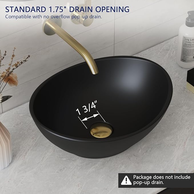 DeerValley DV-1V0011 Horizon Black Bathroom Sink, 16"x13" Oval Bathroom Vessel Sink Above Counter Vanity Ceramic Sink