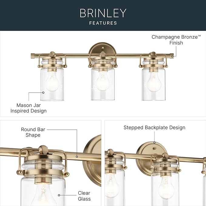 Kichler, Brinley 24" 3 Light Vanity Light with Clear Glass in Champagne Bronze for Bathroom and Powder Room, (24" W x 10.25" H), 45689CPZ