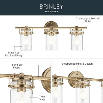 Kichler, Brinley 24" 3 Light Vanity Light with Clear Glass in Champagne Bronze for Bathroom and Powder Room, (24" W x 10.25" H), 45689CPZ