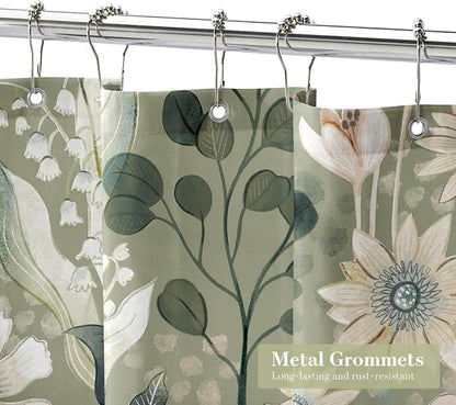 Boho Floral Shower Curtain, Green Botanical Fabric Curtain, 36 x 72 | Boho Chic Floral, Vintage Botanical, Modern Farmhouse, Eclectic Rustic, Colorful Flowers, Fabric Shower Curtain