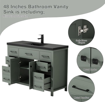 LUCKWIND 48" Modern Bathroom Vanity with Sink Combo, Contemporary Painted Storage Cabinet and Single Black Sink, Include Soft-Closing Doors & Matte Black Faucet, Green