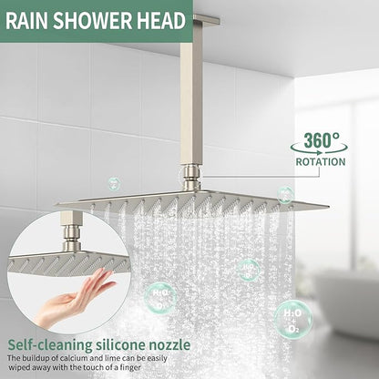 SunCleanse Rainfall Shower System Brushed Nickel Ceiling Mounted Shower System Combo Set with High Pressure 12 Inches Square Rain Shower Head Handheld and Shower Faucet Rough-in Mixer Valve and Trim