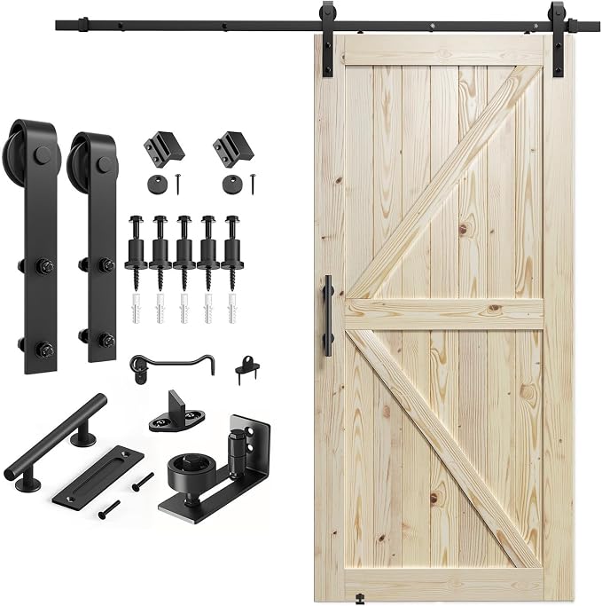 SMARTSTANDARD 42in x 96in Sliding Barn Door with 7ft Hardware Kit Included | Fit Opening up to 38"x94", Unfinished Solid Spruce Wood Door, Assembly Required DIY,Stainable,Natural