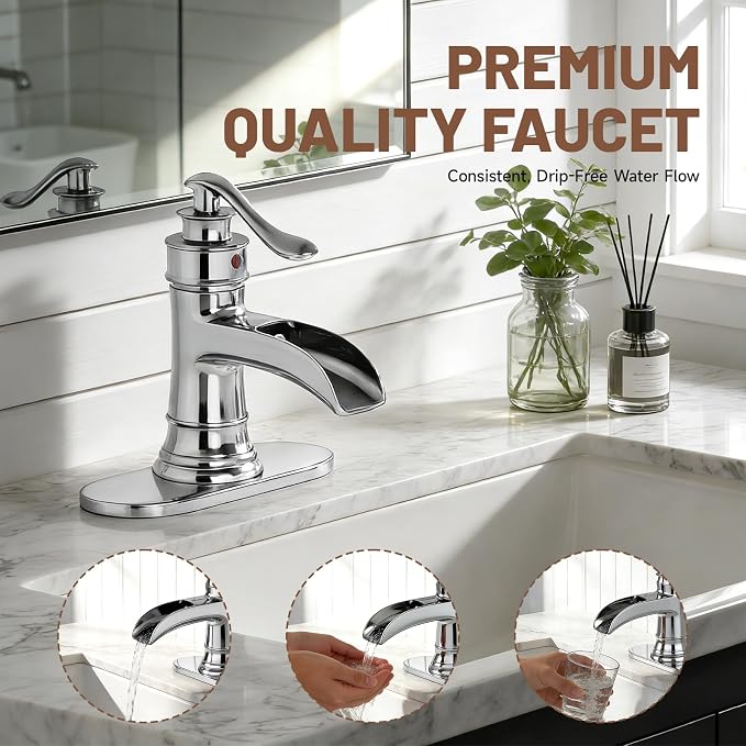 Bathroom Faucet Chrome Waterfall Bathroom Sink Faucets & Parts | with Pop Up Drain Stopper with Overflow Single Handle Single Hole Vanity Commercial Trough Supply Lines Hose Lead-Free