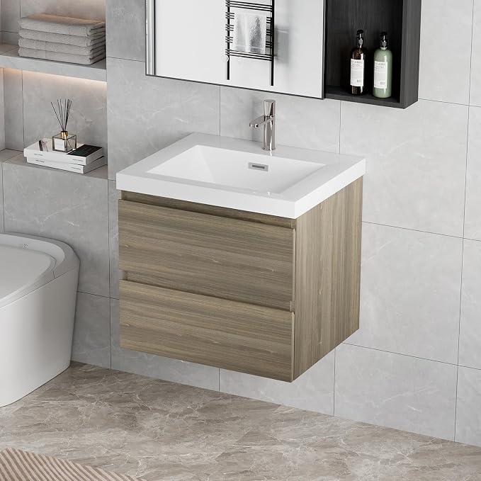 Floating Vanity Bathroom, 30 Inch Bathroom Vanity with Sink, Wall Mounted Single Sink Bathroom Vanity, Soft Closed 2 Drawers, Integrated Sink (Ash Grey)
