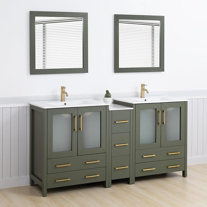 Vanity Art 72 Inch Under Mount Double Sink Bathroom Vanity Cabinet with 2 Mirrors, Ceramic Top Bathroom Cabinet Compact Set with 7 Dovetail Storage Drawers and Golden Brushed Handles, VA3030-72-VG