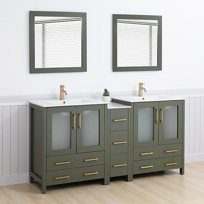 Vanity Art 72 Inch Under Mount Double Sink Bathroom Vanity Cabinet with 2 Mirrors, Ceramic Top Bathroom Cabinet Compact Set with 7 Dovetail Storage Drawers and Golden Brushed Handles, VA3030-72-VG