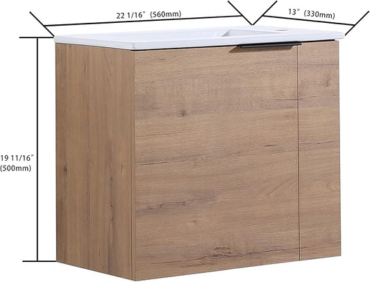 22" Bathroom Vanity with Sink, Floating Wall-Mounted Modern Vanity Cabinet for Small Space, 1 Door Brown Bathroom Sink Combo, Space Saving Vanity, Small Bathroom Vanities