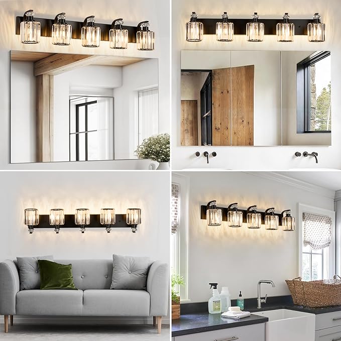 Black Bathroom Light Fixtures with K9 Crystal Lampshade Bathroom Lighting Over Mirror Vanity Lights for Living Room,Bedroom,Restroom,Hallway 5 Lights