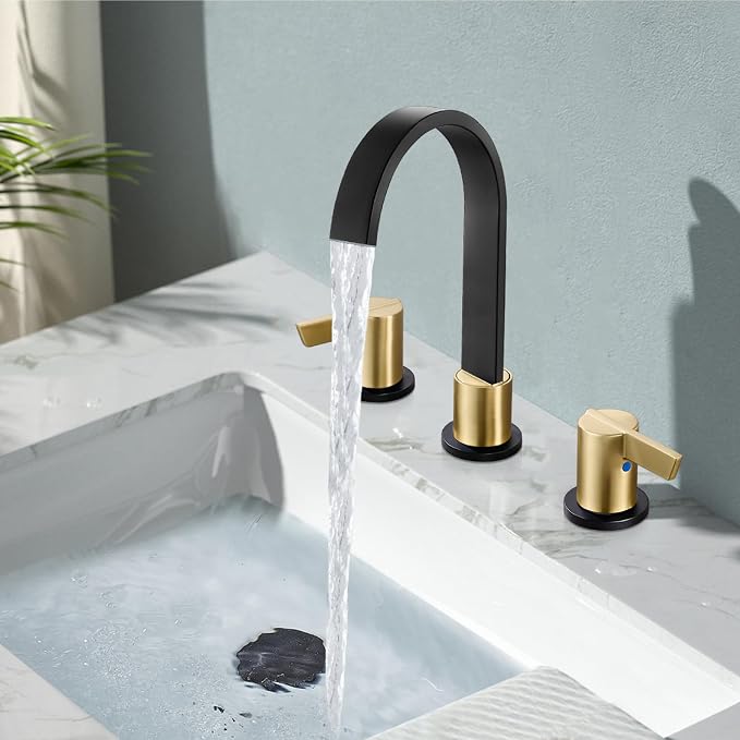 Midanya 8 Inch Widespread Bathroom Sink Faucet 3 Hole,Black and Gold Handle | Waterfall Swivel Spout,2 Handle,SUS304,with Pop Up Drain,cUPC 24" Water Hose,for 6-16” hole distance vanity,RV,Farmhouse Sink