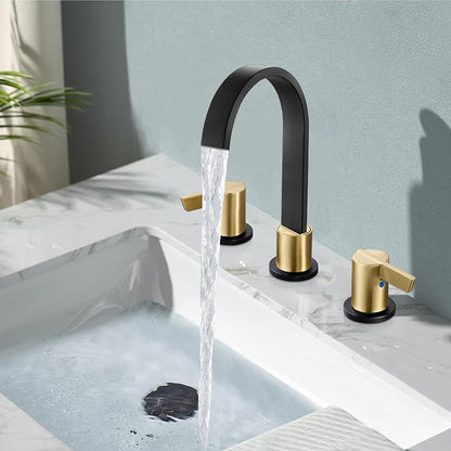 Midanya 8 Inch Widespread Bathroom Sink Faucet 3 Hole,Black and Gold Handle | Waterfall Swivel Spout,2 Handle,SUS304,with Pop Up Drain,cUPC 24" Water Hose,for 6-16” hole distance vanity,RV,Farmhouse Sink