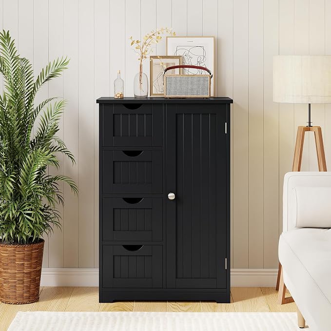 Giantex Bathroom Storage Cabinet with Drawers - 4 Drawer Storage Organizer w/Cupboard, Adjustable Shelf, Anti-Toppling Device, Entryway Storage Unit Console Table, Bathroom Floor Cabinet (Black)
