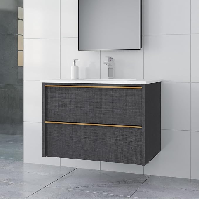 30 Inch Bathroom Vanity with Sink, Floating Vanity Bathroom, Modern Wall Mount Bathroom Cabinet, Double Drawers, Gold Handle, Suitable for All Kinds of bathrooms (Without Sink, 30")