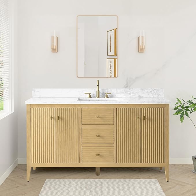 HOMEBEYOND 60" Bathroom Vanity with Single Sink, Solid Wood Bathroom Vanity Free-Standing Cabinet, Ceramic Top & Soft Closing Door, Golden Brushed Handware, Natural Oak