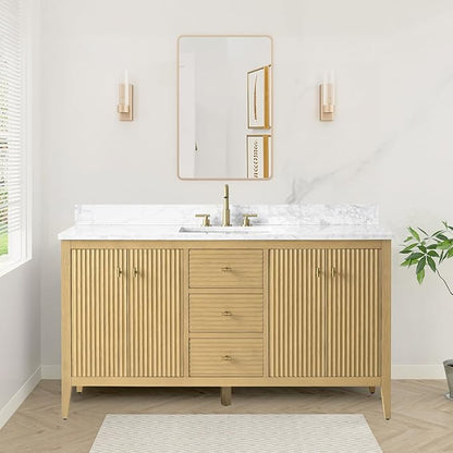 HOMEBEYOND 60" Bathroom Vanity with Single Sink, Solid Wood Bathroom Vanity Free-Standing Cabinet, Ceramic Top & Soft Closing Door, Golden Brushed Handware, Natural Oak
