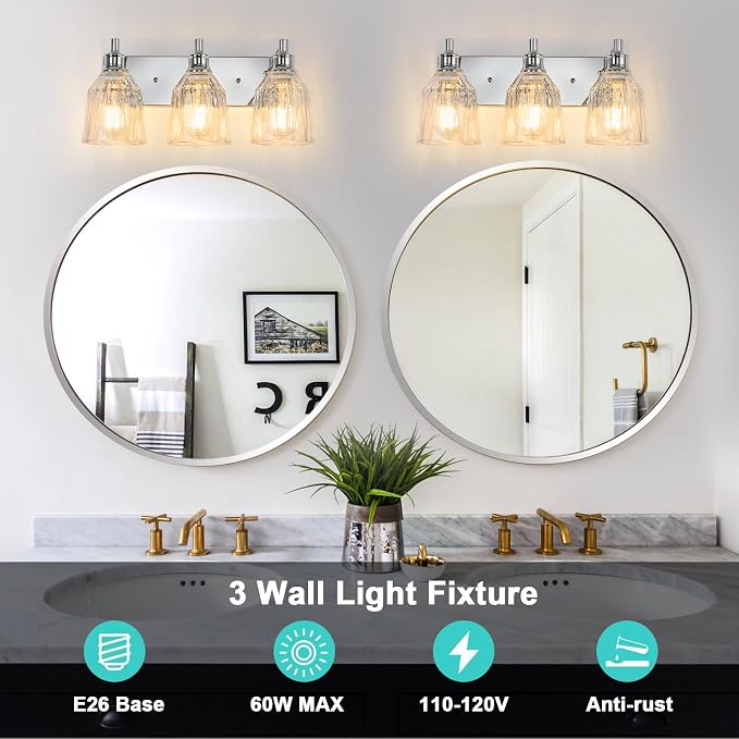 3 Light Bathroom Light Fixtures Modern Chrome Vanity Lights for Bathroom Lighting Fixtures Over Mirror with Thickened Glass Shade for Cabinet Mirror Bedroom Hallway
