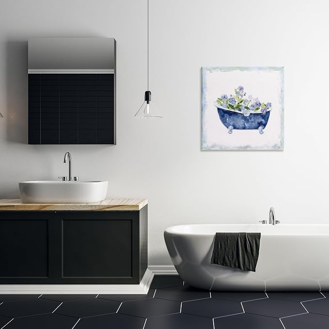 Stupell Industries Charming Blue Bathtub Botanical Floral Watercolor Border,Design by Sally Swatland, 24 x 24, Gallery Wrapped Canvas | Stupell Industries | 24 x 24 Inches, Easy to Hang and Sturdy, Made in USA, by Sally Swatland