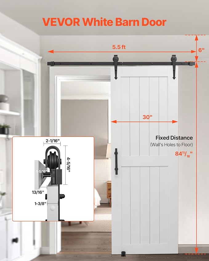 VEVOR Sliding Barn Door, 30 x 84 inch, High-Strength MDF Panel, Barn Door with Hardware Kit, Water-Proof PVC Surface, Easy to Install, H-Frame, Smoothly and Quietly Sliding for Living Room, Bathroom