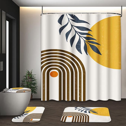 Bathroom Sets with Shower Curtain and Rugs, 4 Pcs, Boho Midcentury | Sun Minimalist Abstract Bathroom Decor Set with Toilet Lid Cover, Non-Slip Bath Mats and Accessories 12 Hooks