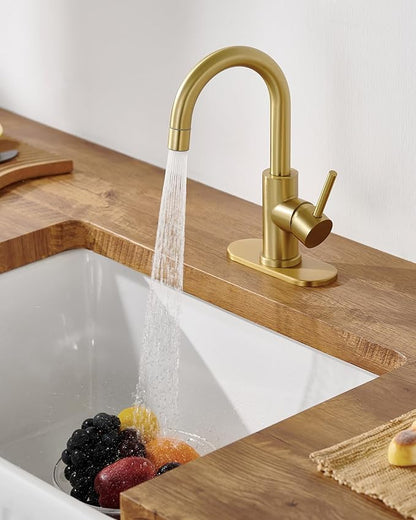 Tohlar Gold Bathroom Faucet, Brushed Gold Wet Bar/Pre-Kitchen Faucet for Sink 1 or 3 Hole, Bathroom Sink Faucet with Deck Plate and Sprayer, Single Handle Bar Sink Faucet with Pop Up Drain