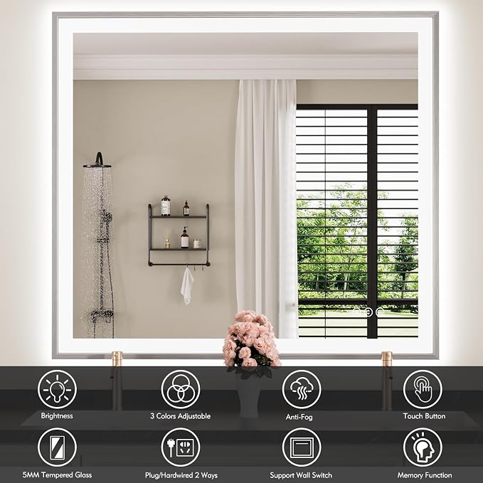 40x36 Inch LED Bathroom Mirror with Silver Frame | Silver Metal Frame, Front and Backlit, 3 Colors, Dimmable, Memory, Anti Fog, Tempered Glass, Lighted Mirror for Wall