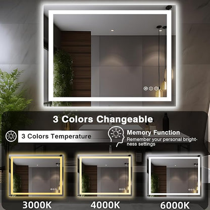 EchosLife 44"x36" LED Light Mirror for Bathroom | Backlit + Front Lit, Anti-Fog, Stepless Dimmable, 3 Colors, Memory, Tempered Glass, UL Listed, Horizontal/Vertical