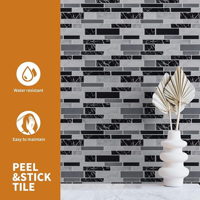 WOWSTAR 10-Sheet Peel and Stick Backsplash Tile for Kitchen Wall, Back Splash Stick On Tiles for Kitchen (12"x 12", Black Marble) | Peel and stick backsplash, self-adhesive wall tile, Black Marble, waterproof, kitchen bathroom wall, 10-sheet